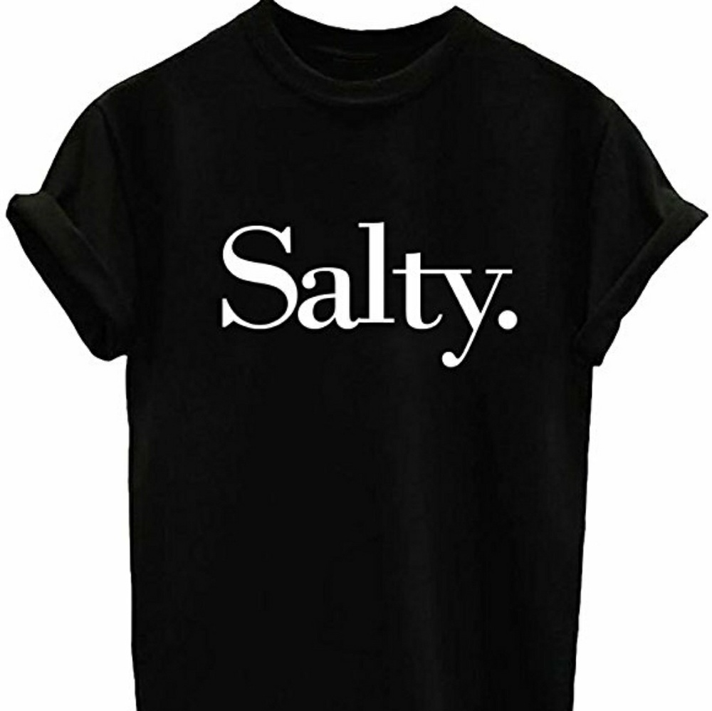 Black graphic tshirt with SALTY written on it